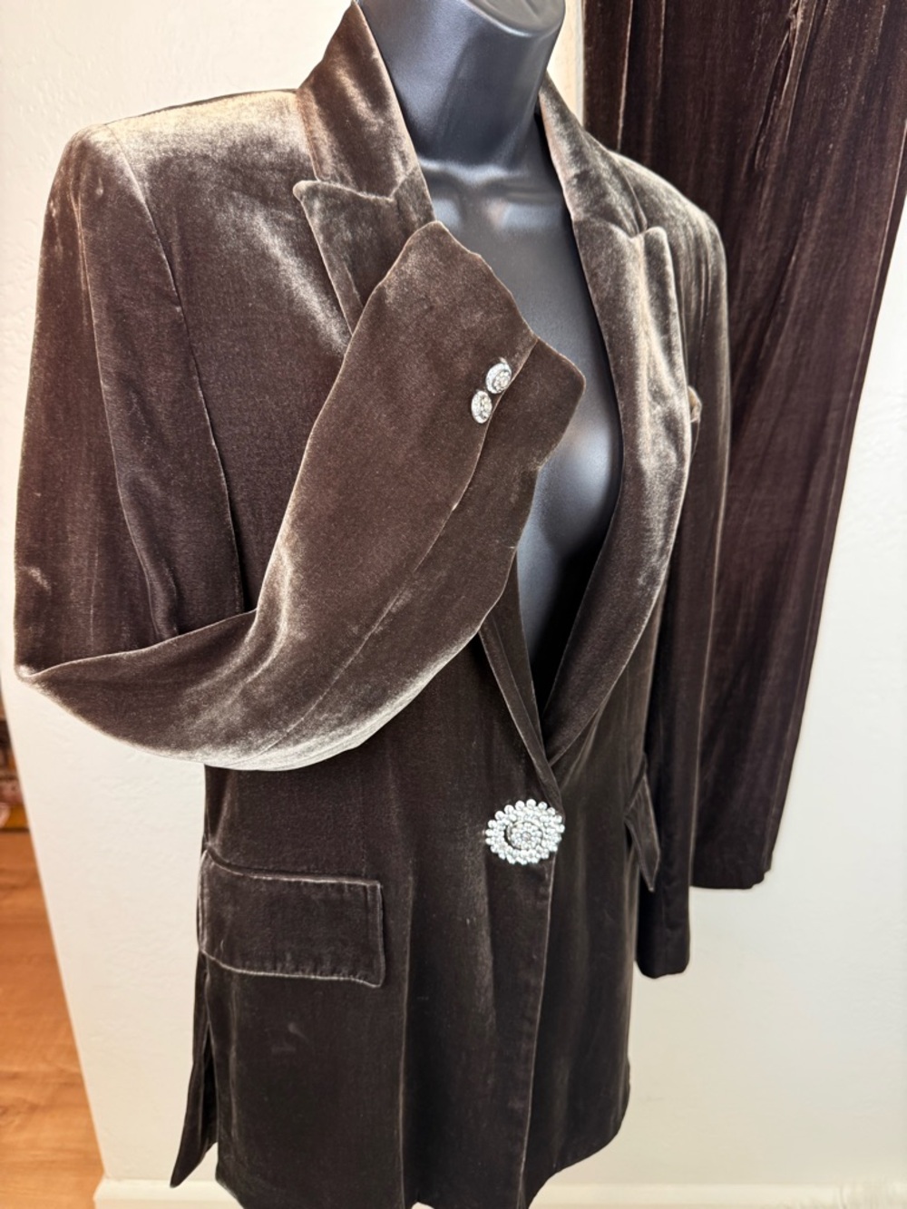 ZARA Silk Blend Velvet Blazer Brown Jeweled Custom Button Small